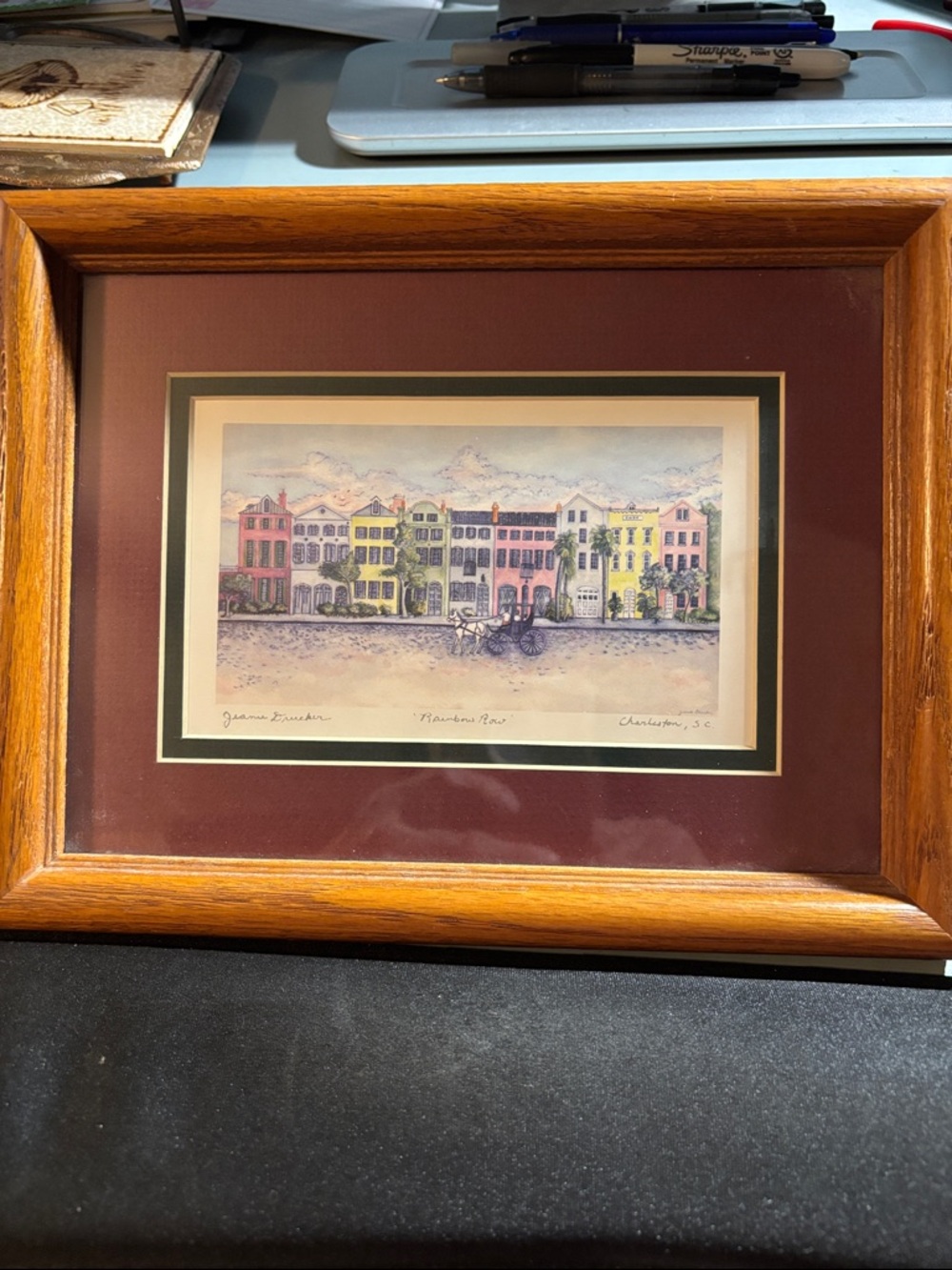 Framed Watercolor Row Houses Artwork - Multicolor Signed